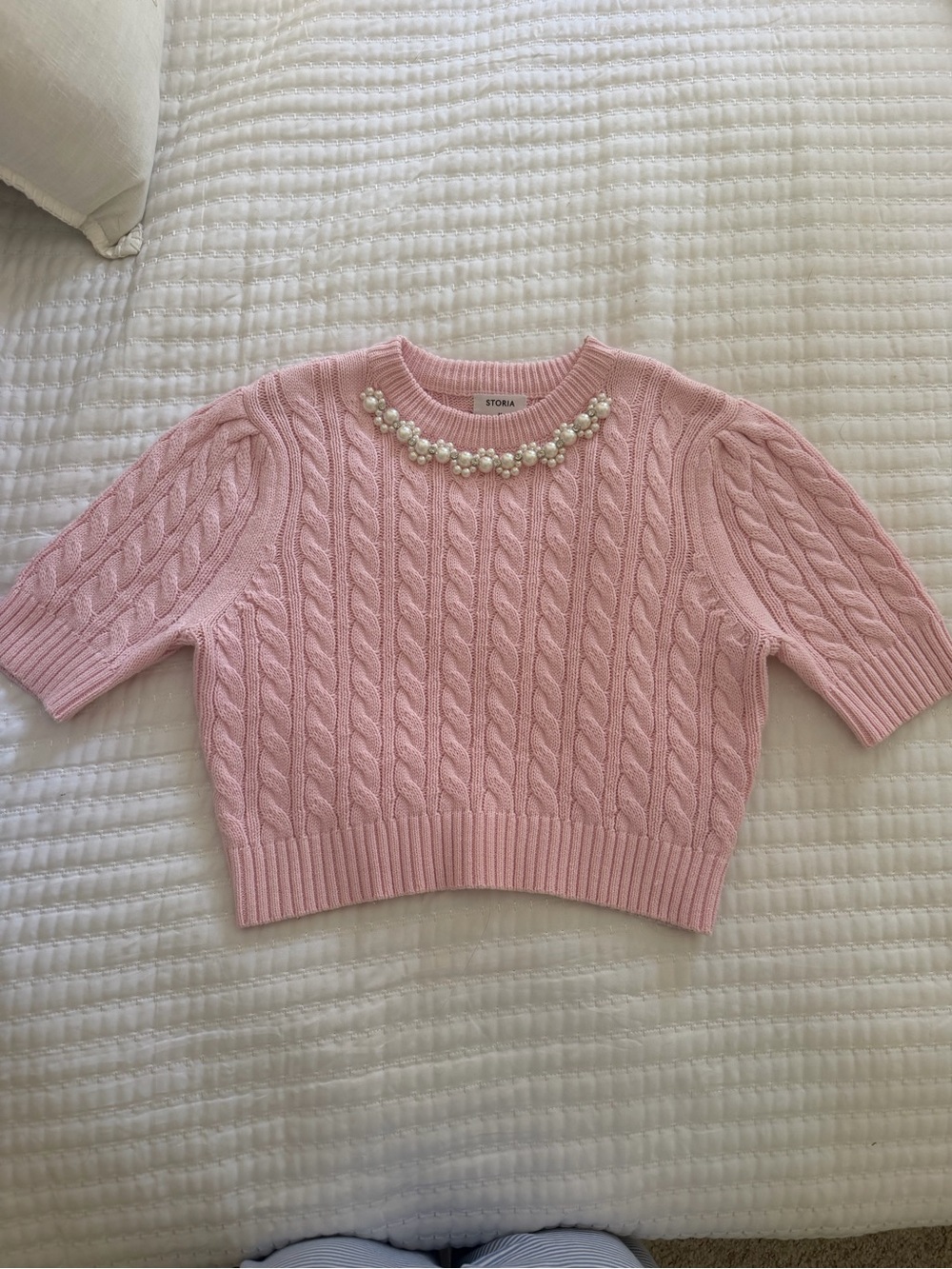 Storia Pale Pink Cable-Knit Pearl Collar Short Sleeve Sweater